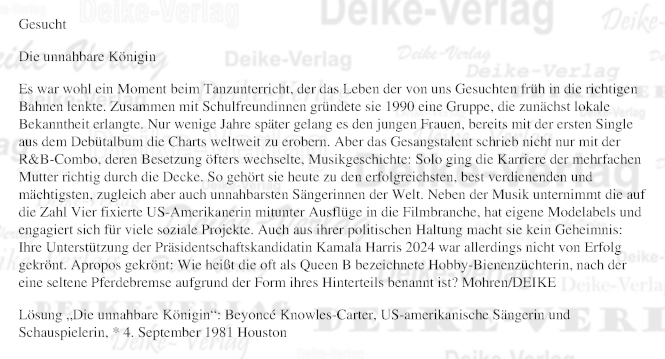 Beyoncé Knowles-Carter - Personenrätsel KW 4326