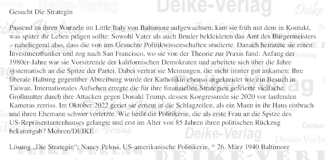 Nancy Pelosi - Personenrätsel KW 5326