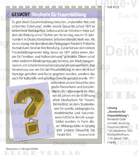 Henriette Goldschmidt - Personenrätsel KW 4725 Henriette Goldschmidt - Personenrätsel KW 4725