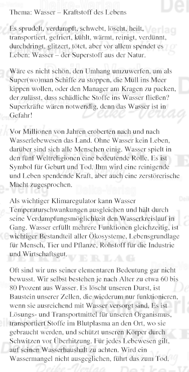 Thema: Wasser, Kraftstoff des Lebens
