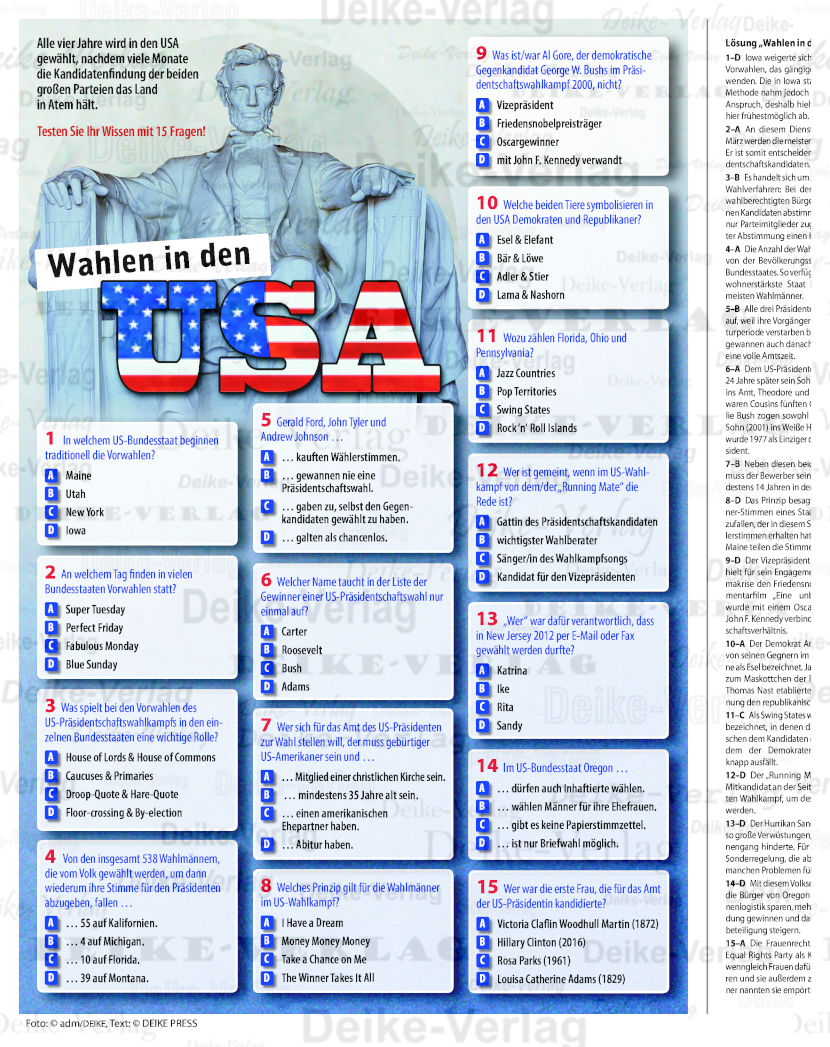 USA Amerika - Quizpaket mit 15 Fragen