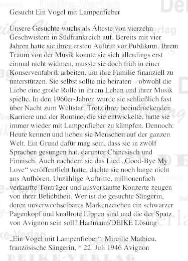 Mireille Mathieu - Personenrätsel KW 3026