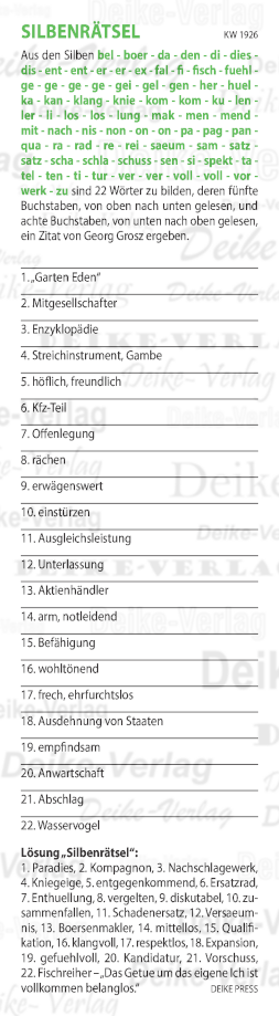 Das Getue um das eigene Ich ist vollkommen belanglos. - Silbenrätsel KW 1926