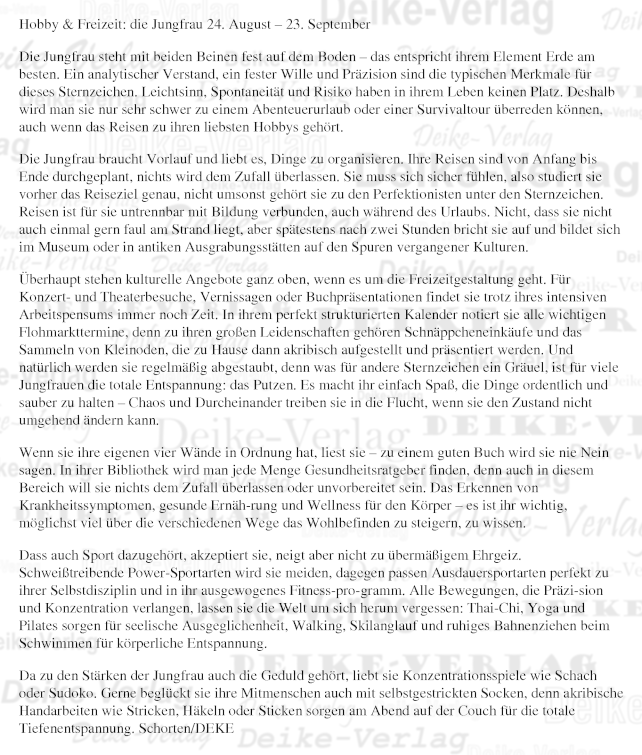 Charakteristik: Die Jungfrau (Hobby & Freizeit)