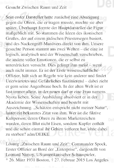 Commander Spock (Personenrätsel) KW 1026